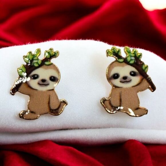 Brown Sloth Earrings Tiny Pierced Ear Cute Kawaii Jewelry Nature Wildlife Animal - Picture 3 of 4